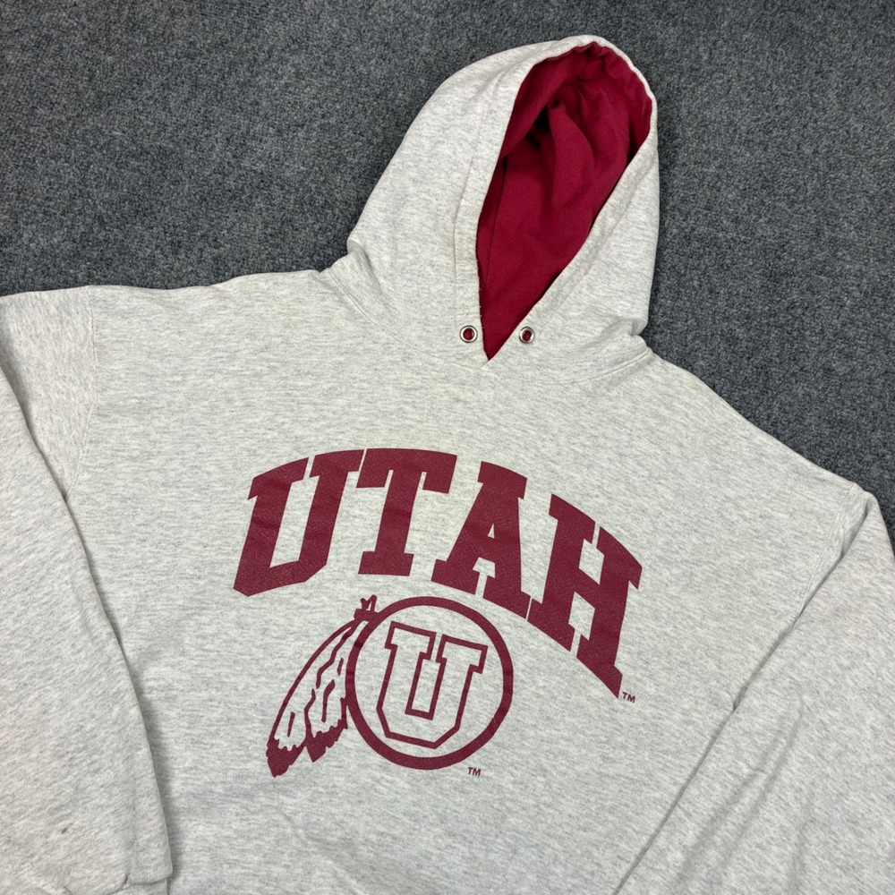 Vintage MV Sport University of Utah Utes Hoodie Gray Maroon Made USA Mens Large